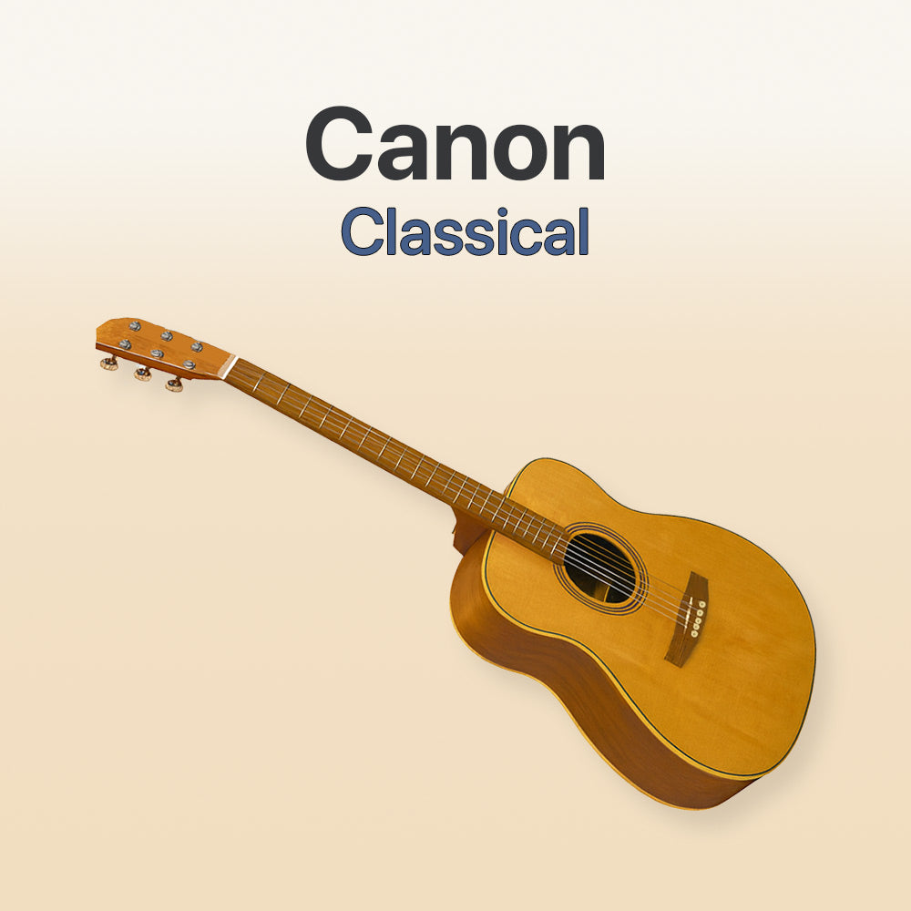 Acoustic guitar with 'Canon Classical' text on a beige background