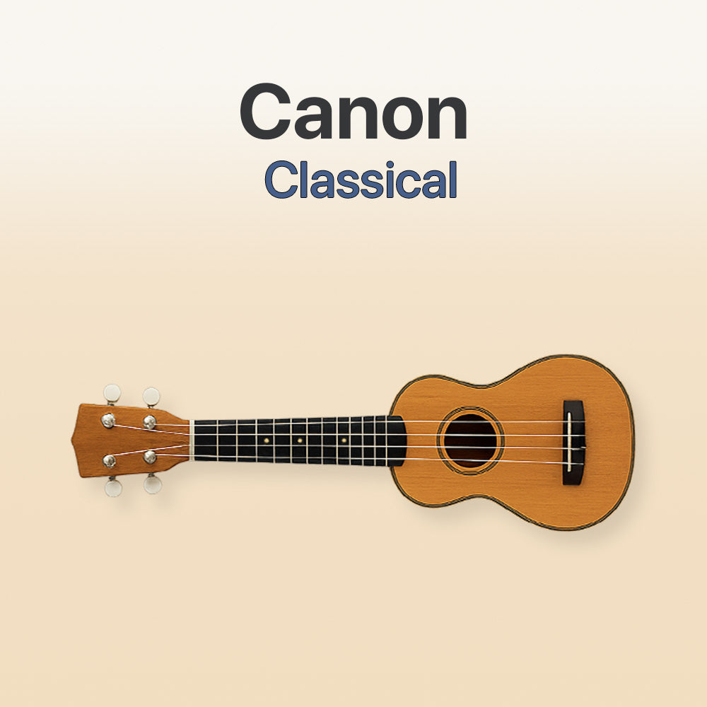 Small ukulele with 'Canon Classical' text on a beige background