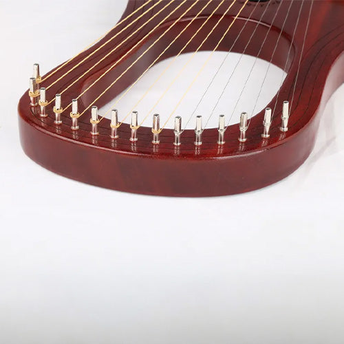 close up of harp strings and notes