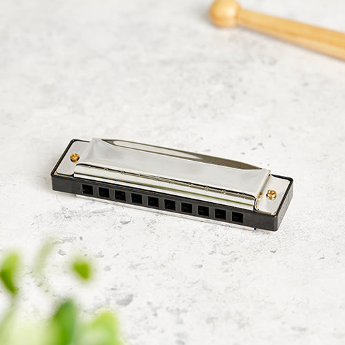diatonic harmonica metal and plastic with grey background