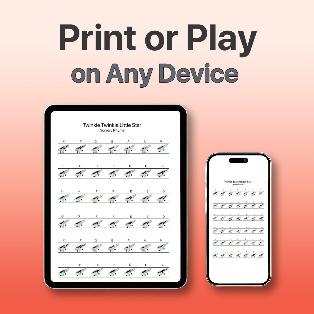 Digital sheet music displayed on a tablet and smartphone with text 'Print or Play on Any Device'.