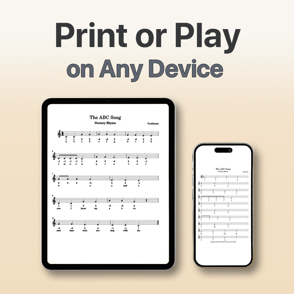 Digital sheet music displayed on a tablet and smartphone with text 'Print or Play on Any Device' on a beige background.