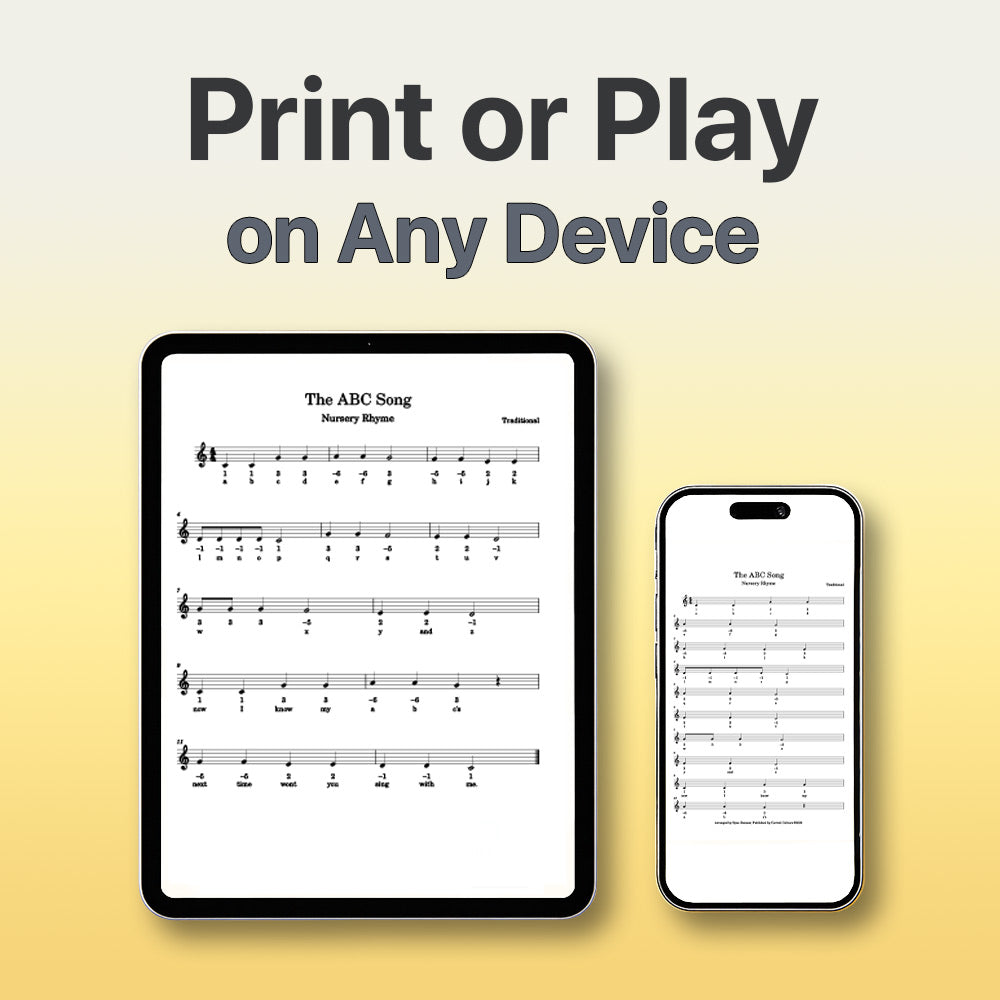 Digital sheet music displayed on a tablet and smartphone with text 'Print or Play on Any Device' on a gradient background.