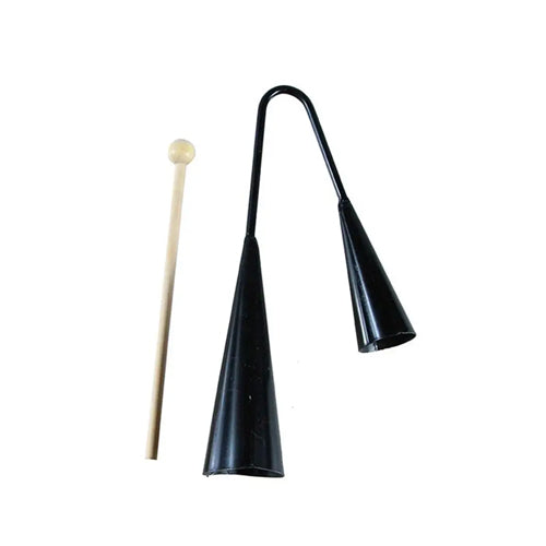 Small metal agogo bells and beater with white background