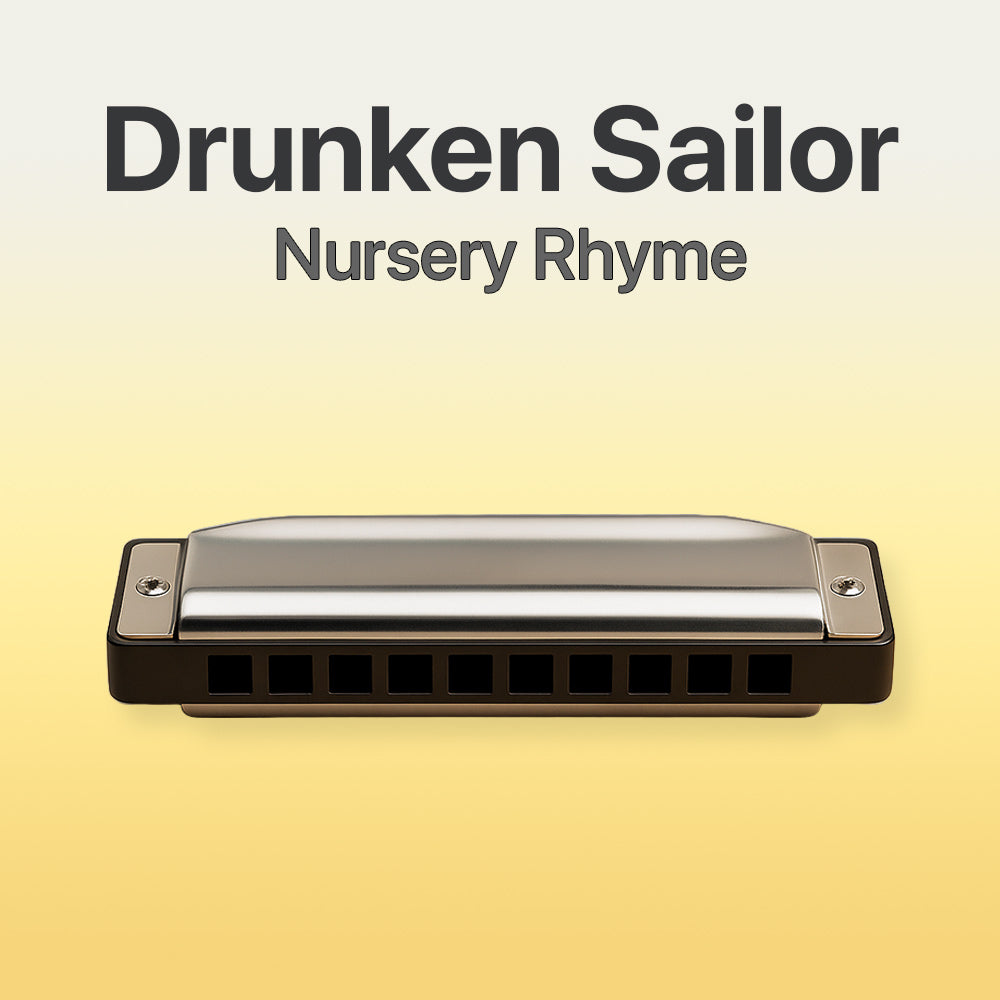 Harmonica with 'Drunken Sailor Nursery Rhyme' text on a yellow background
