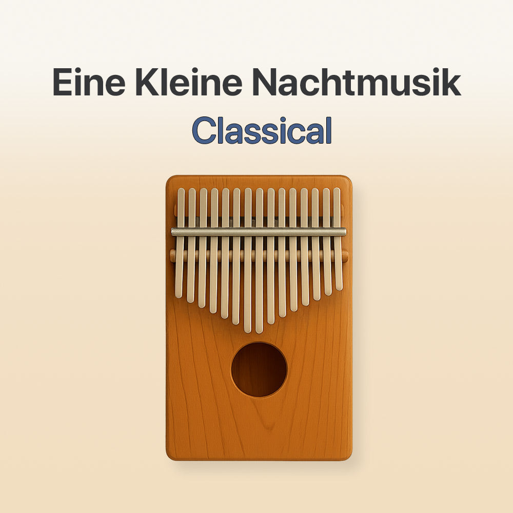 Wooden kalimba with 'Eine Kleine Nachtmusik' and 'Classical' text on a beige background