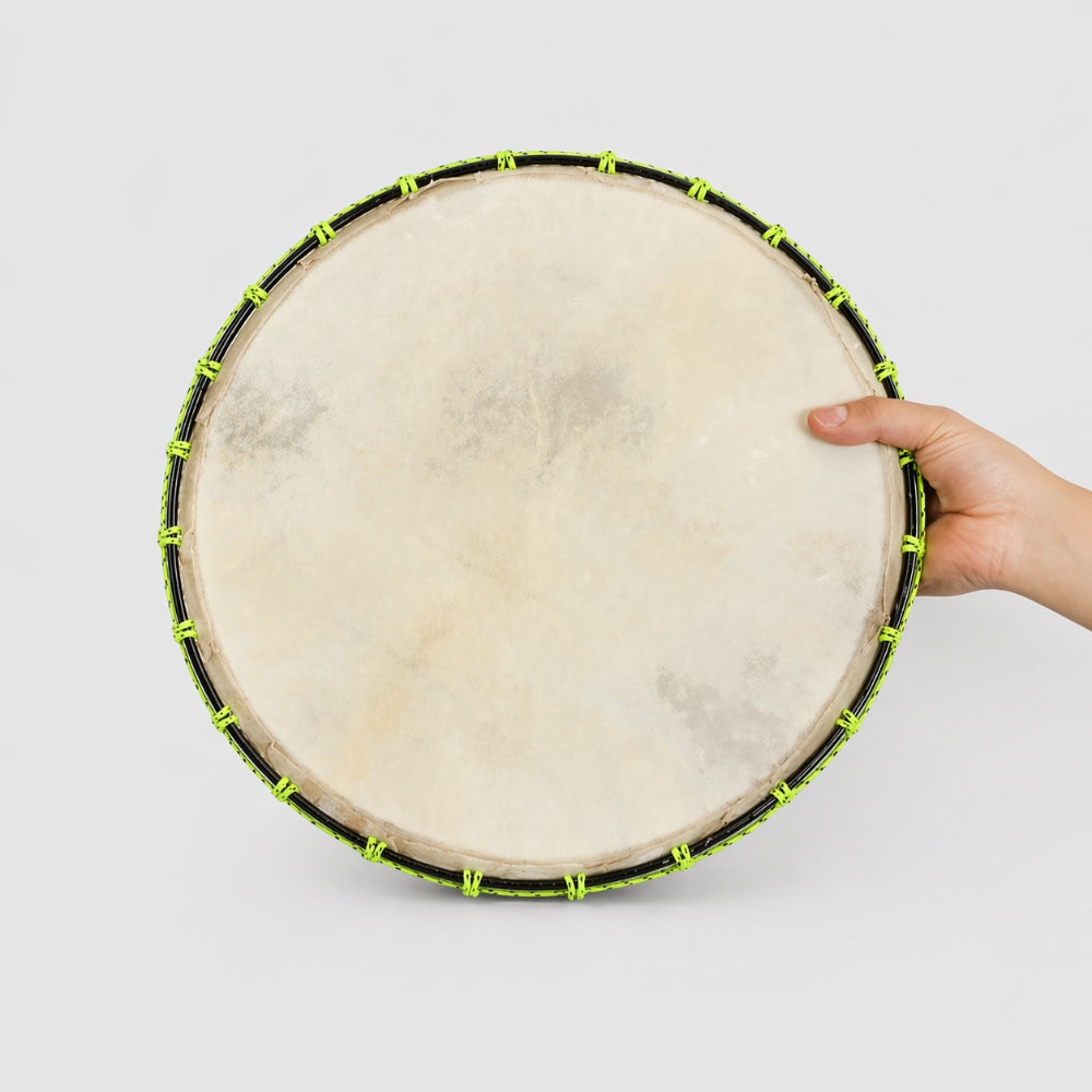 Hand holding a green rope goats hide shamanic drum in hand with a grey studio background
