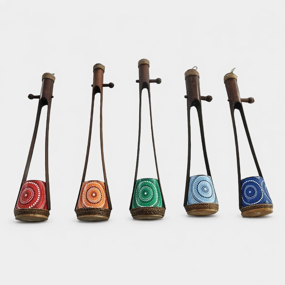5 mixed coloured stringed gobijue instruments 