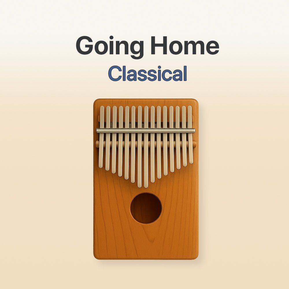 Wooden kalimba with metal tines on a beige background, featuring the text 'Going Home Classical'.