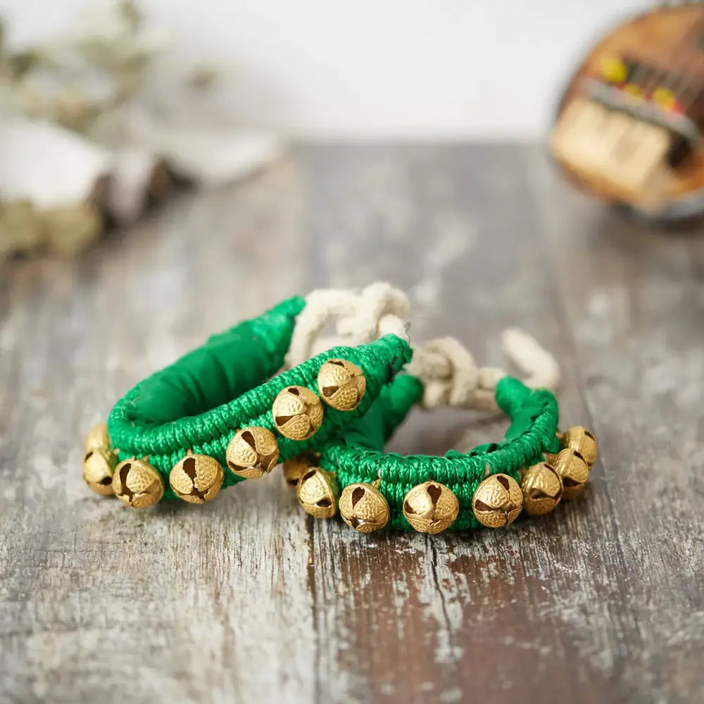 Green Indian ankle ghungroos with brass bells