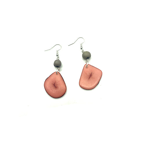Tagua nut seed earrings with pink and grey seeds