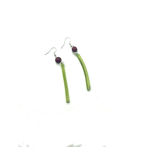 Tagua nut seed earrings with green and purple seeds