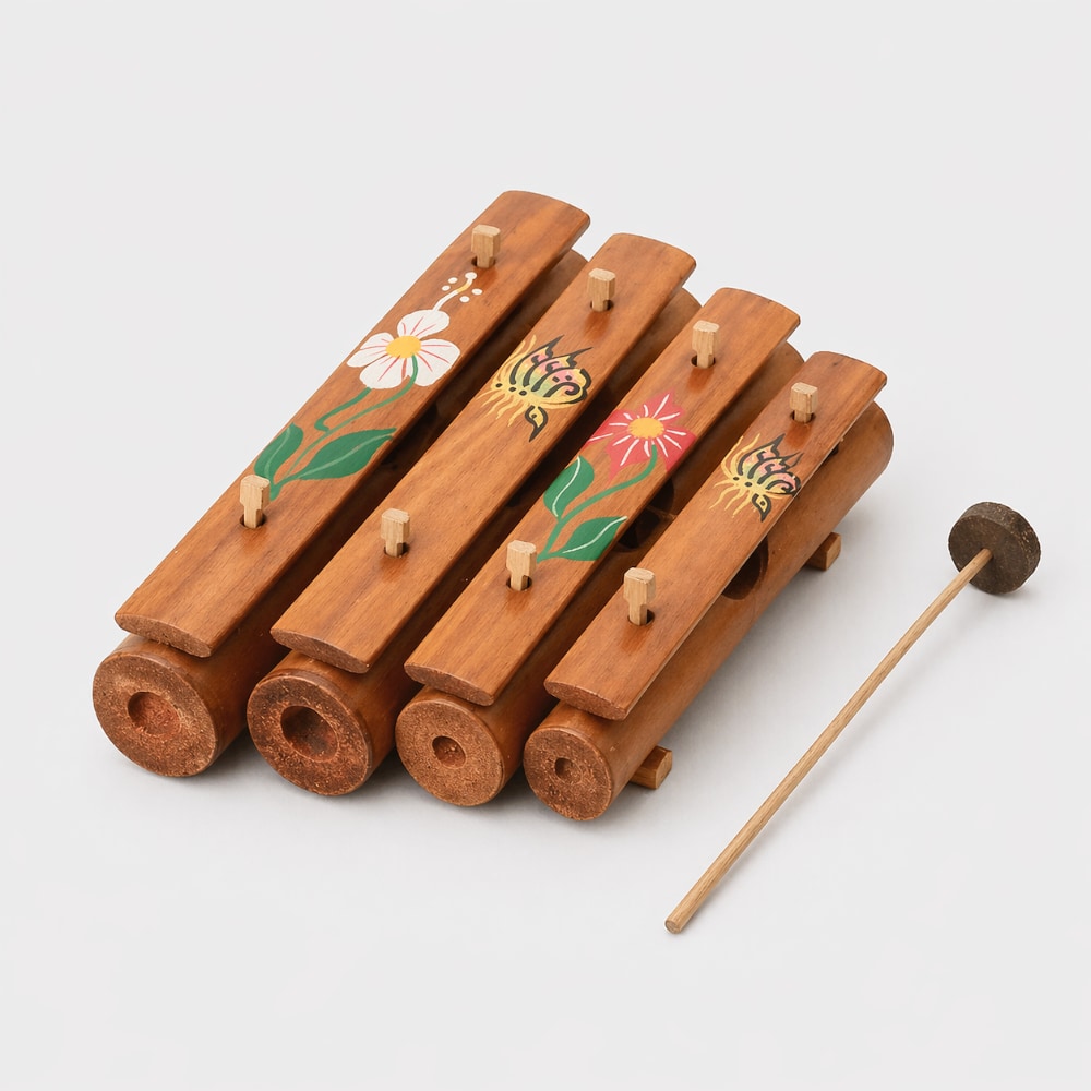 Wooden xylophone with floral designs on a light gray background