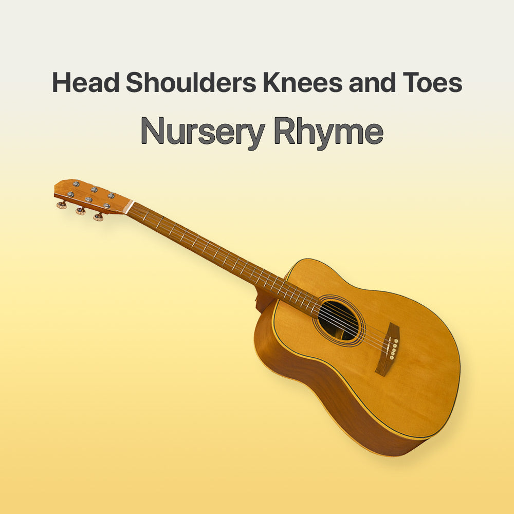 Acoustic guitar on a yellow background with text 'Head Shoulders Knees and Toes Nursery Rhyme'.