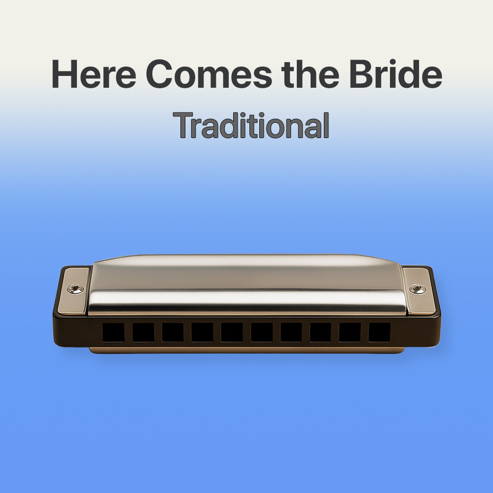 Harmonica with 'Here Comes the Bride Traditional' text on a blue background