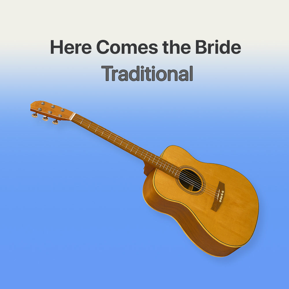 Acoustic guitar on a blue background with text 'Here Comes the Bride Traditional'.