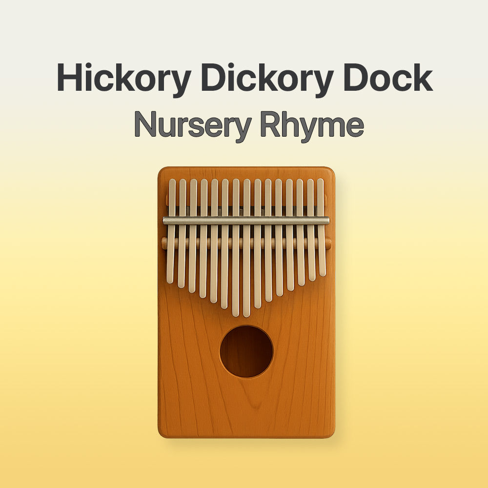 Wooden kalimba with text 'Hickory Dickory Dock Nursery Rhyme' on a yellow background