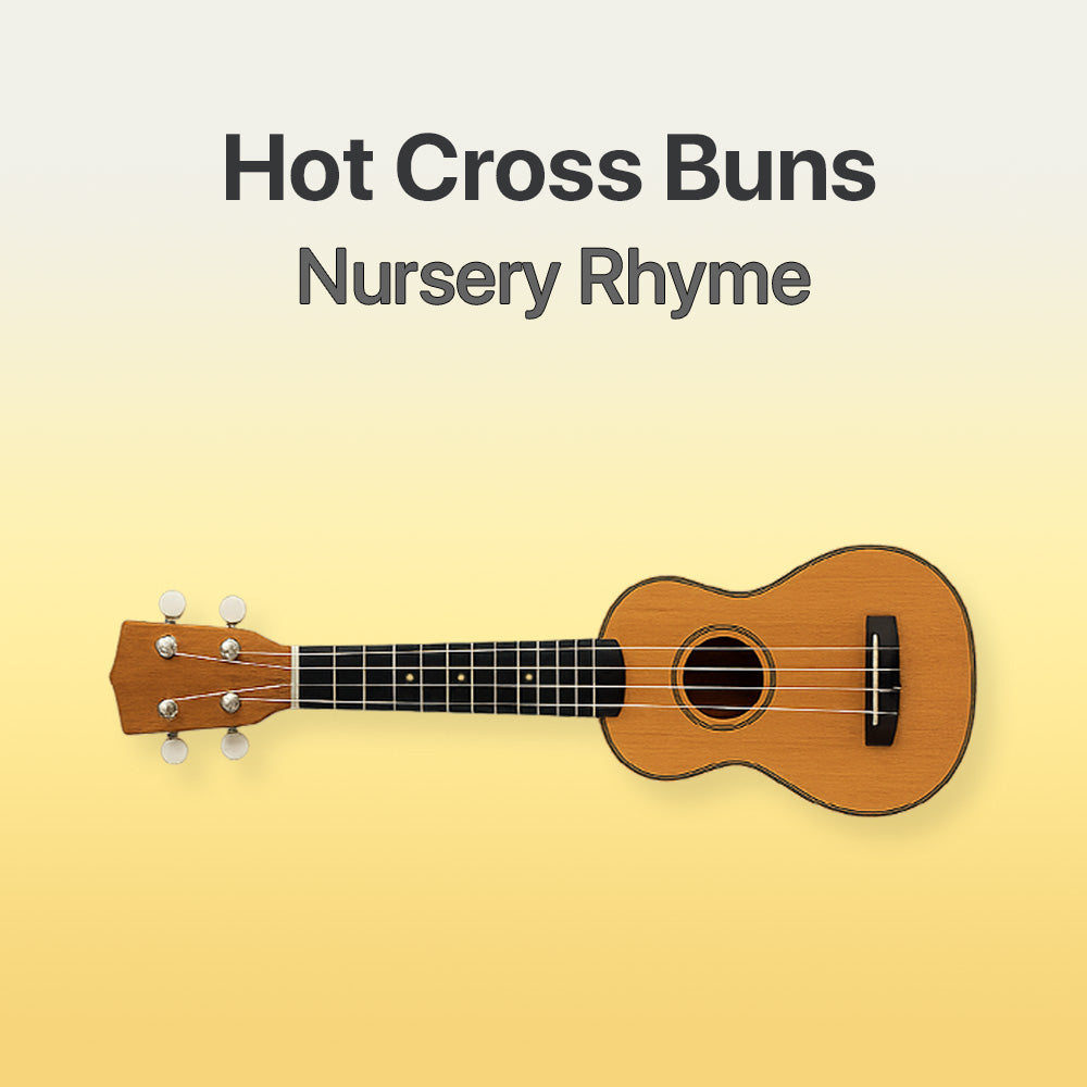 Ukulele on a yellow background with text 'Hot Cross Buns Nursery Rhyme'