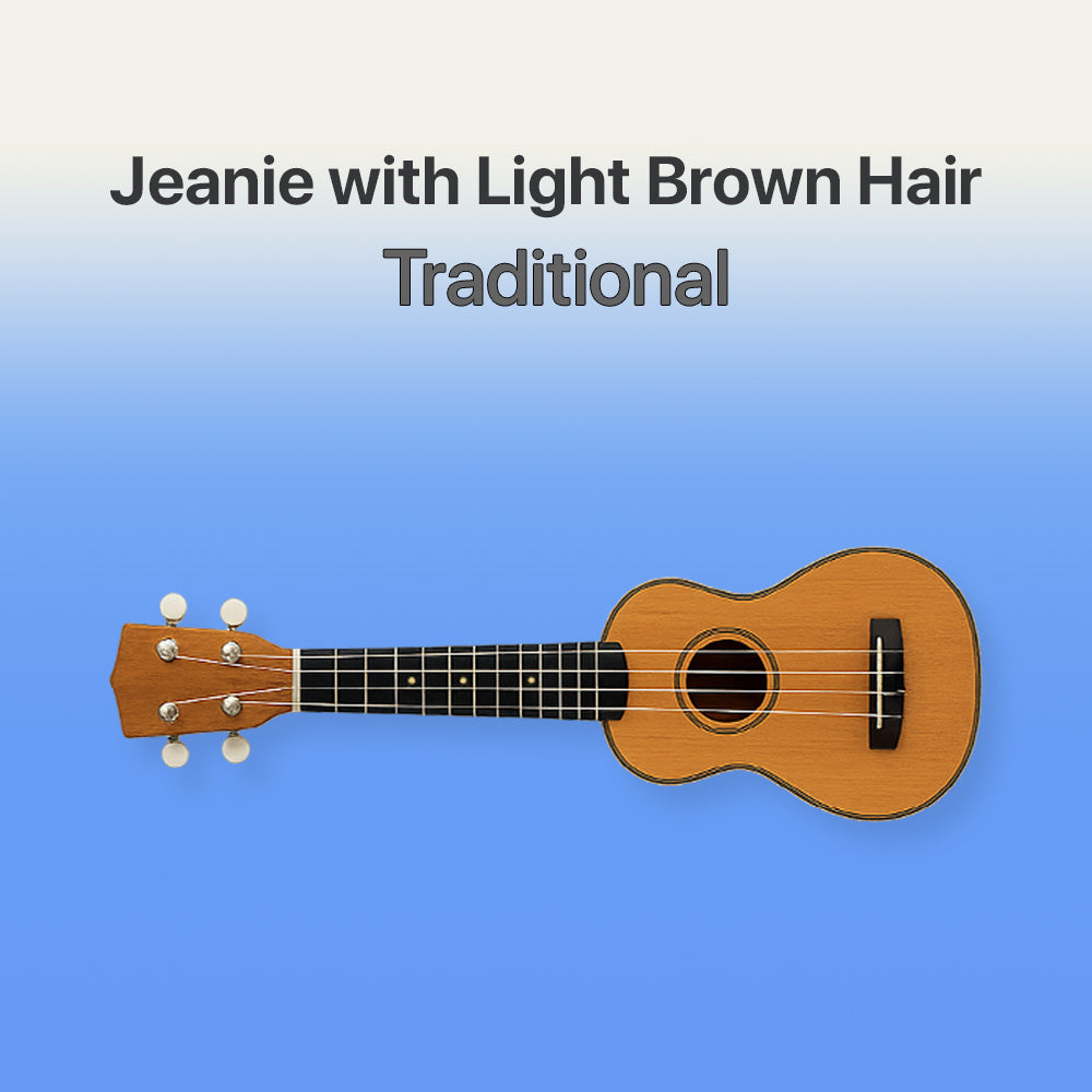 Wooden ukulele on a blue background with text 'Jeanie with Light Brown Hair Traditional'.