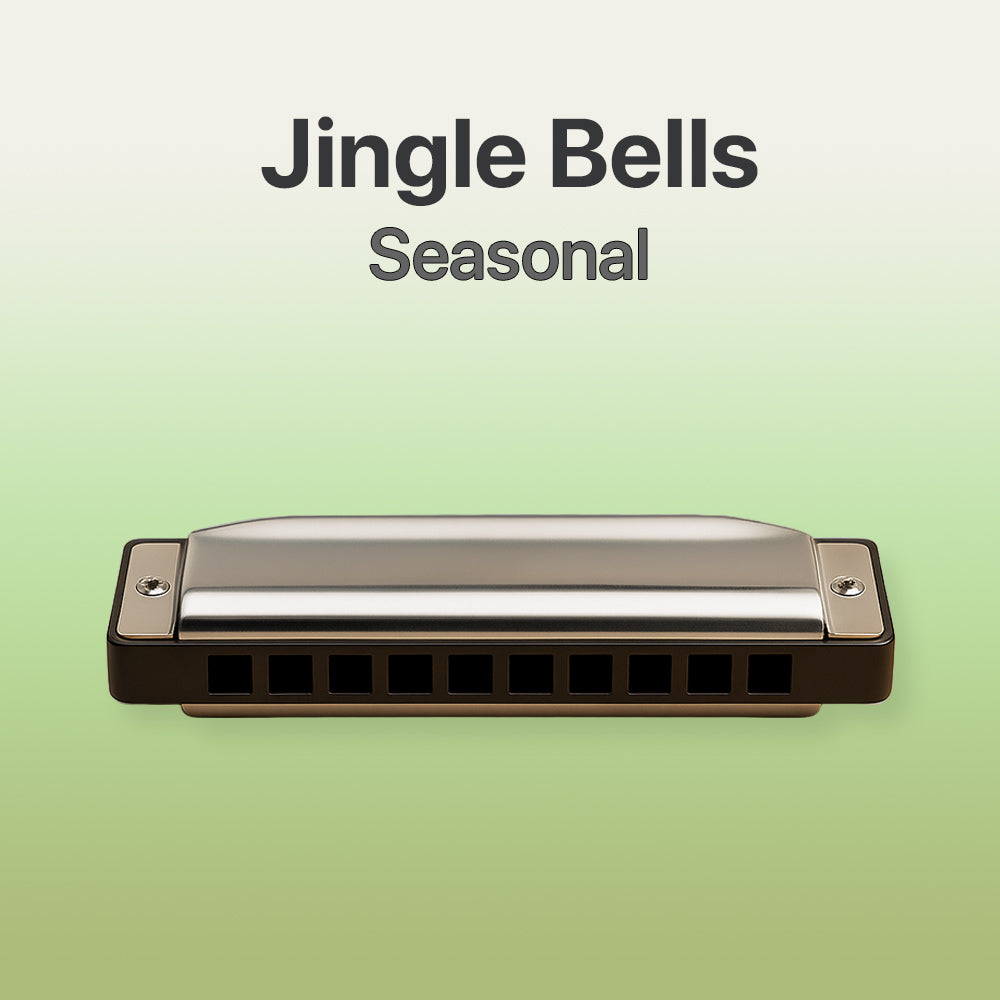 Harmonica with 'Jingle Bells Seasonal' text on a light green background