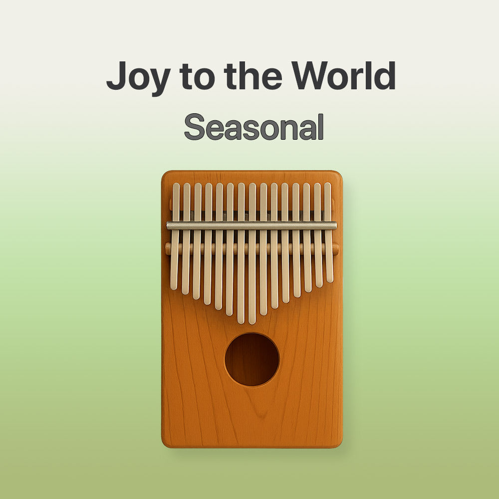 Wooden kalimba with 'Joy to the World Seasonal' text on a light green background