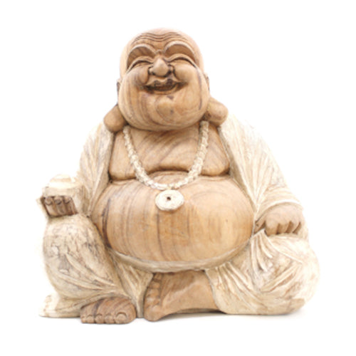 Large hand carved wooden happy buddha