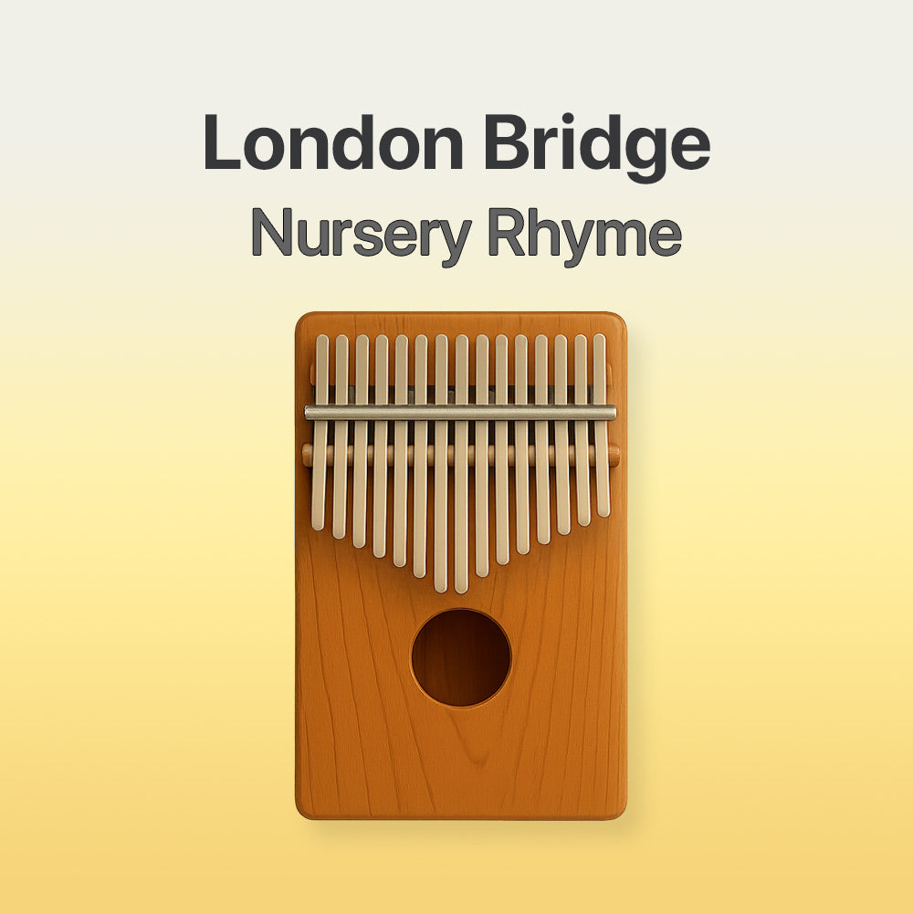 Wooden kalimba with metal tines on a yellow background, labeled 'London Bridge Nursery Rhyme'.