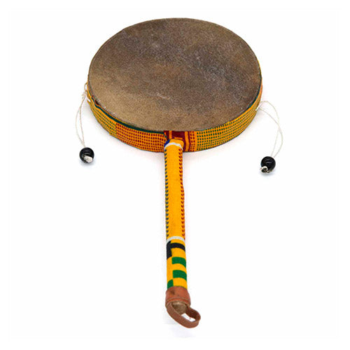 front on angle kente cloth monkey drum with large head