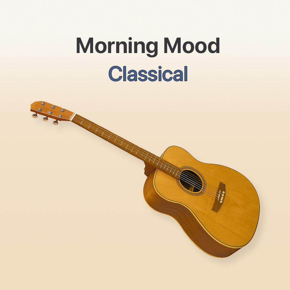 Acoustic guitar on a beige background with 'Morning Mood Classical' text