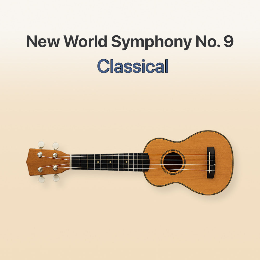 Ukulele with 'New World Symphony No. 9 Classical' text on a beige background