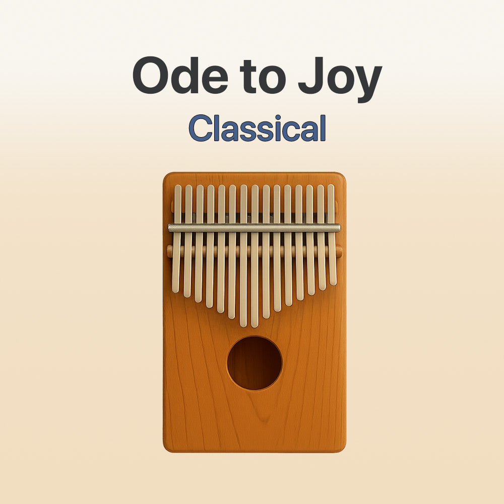 Wooden kalimba with metal tines on a beige background, labeled 'Ode to Joy Classical'.