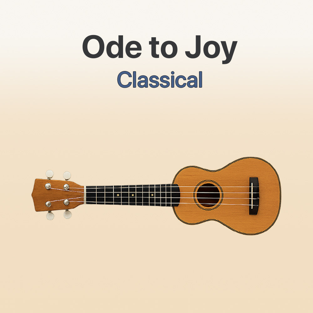 Wooden ukulele on a beige background with 'Ode to Joy Classical' text.