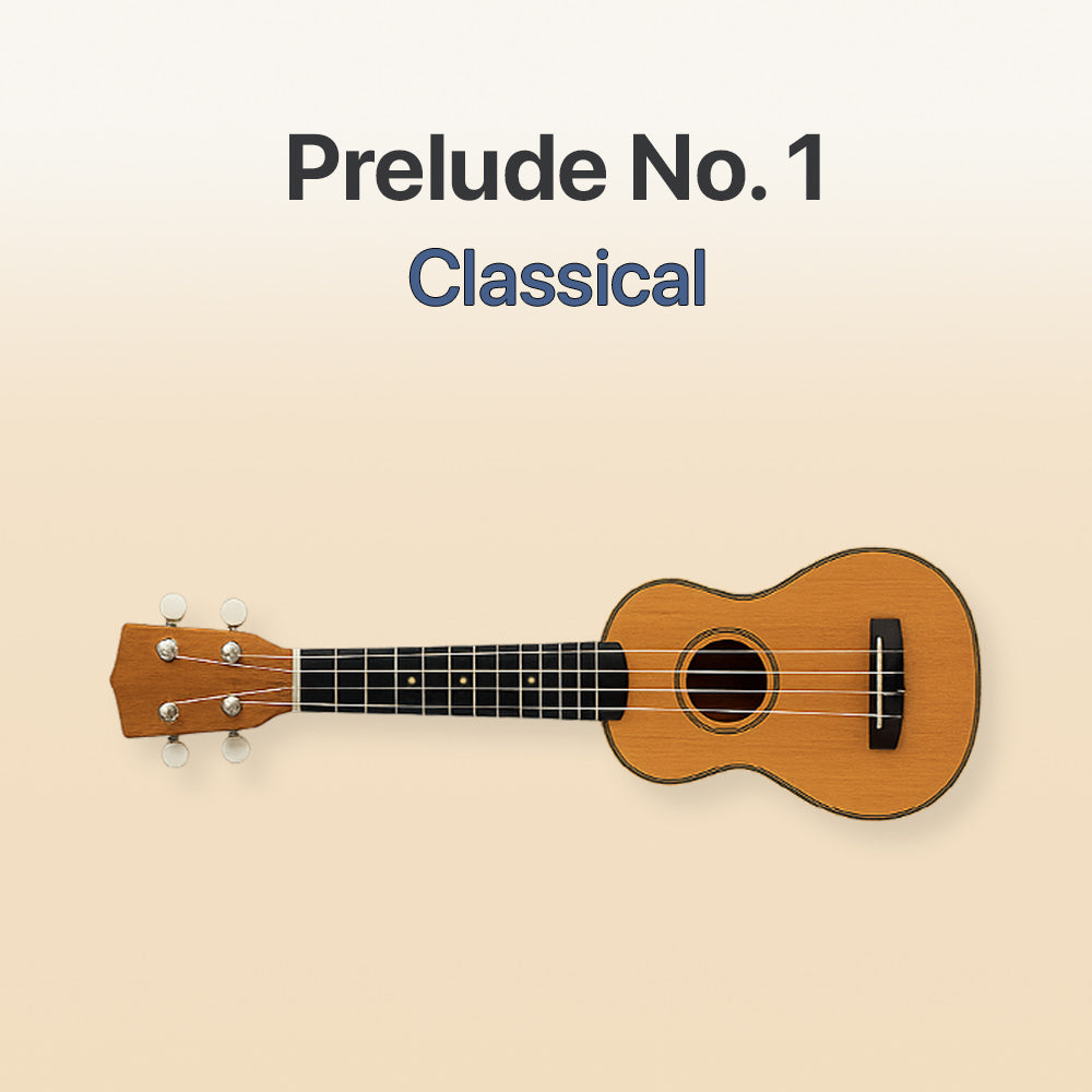 Wooden ukulele on a beige background with 'Prelude No. 1 Classical' text.