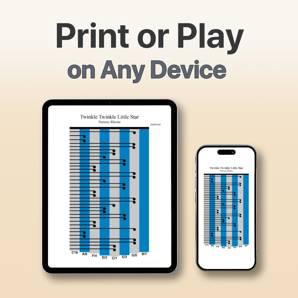 Digital music notation displayed on a tablet and smartphone with text 'Print or Play on Any Device'.