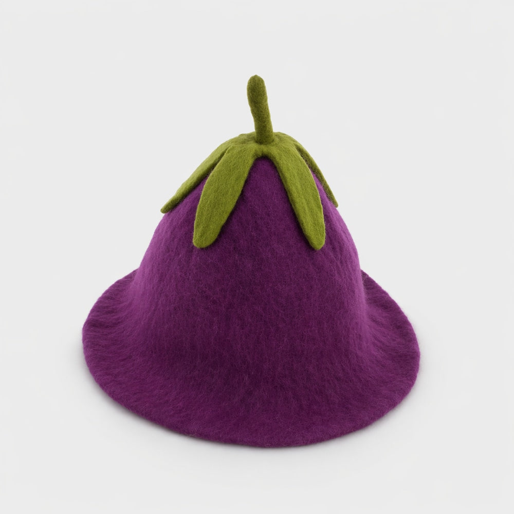 Purple wool felt eggplant-shaped festival hat with green stem on a studio background