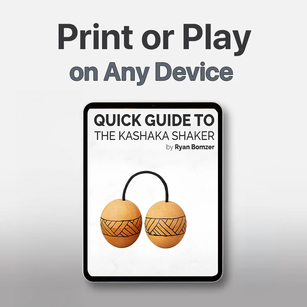 quick guide to the kashaka shaker ebook on a tablet with text "print or play on any device".