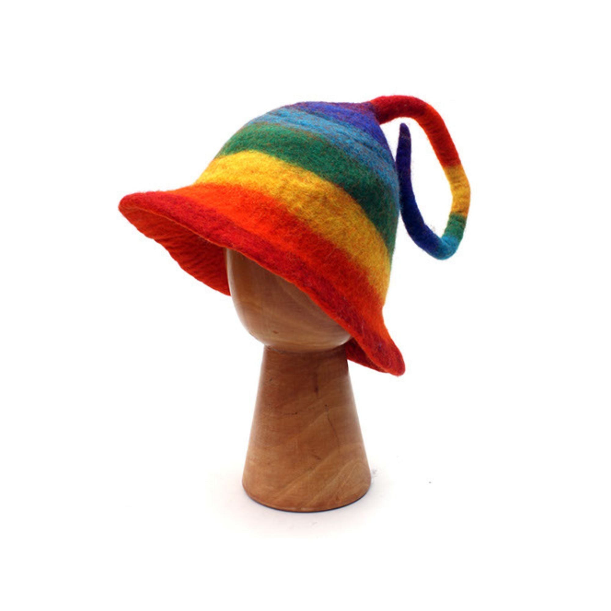 rainbow felt hat on mannequin 