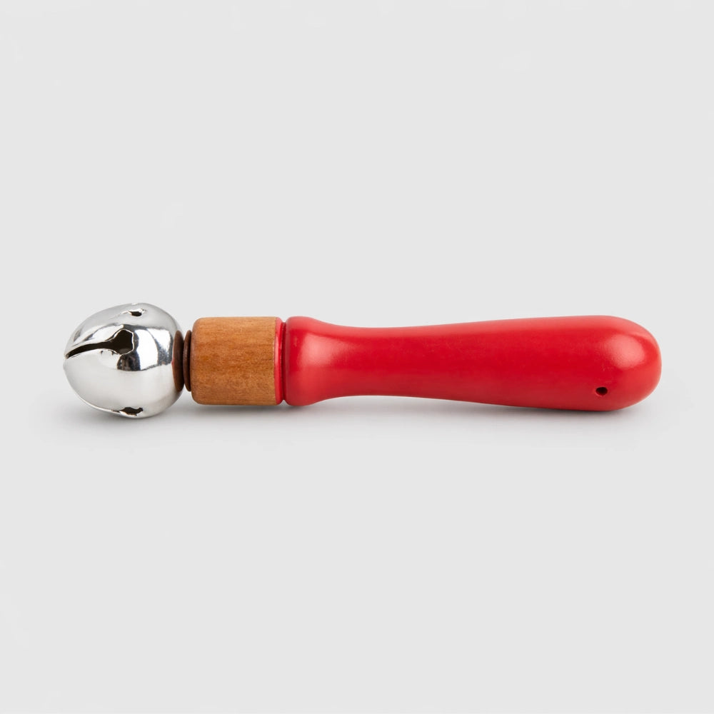 Red shaker with solid wood handle and stainless steel bell