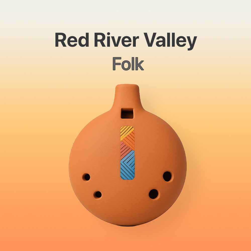 Ceramic ocarina with colorful design on a gradient background with 'Red River Valley Folk' text.