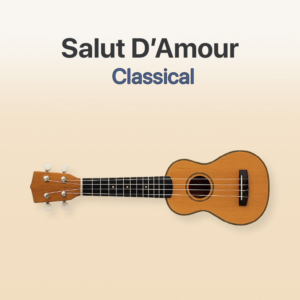 Ukulele with 'Salut D'Amour Classical' text on a beige background