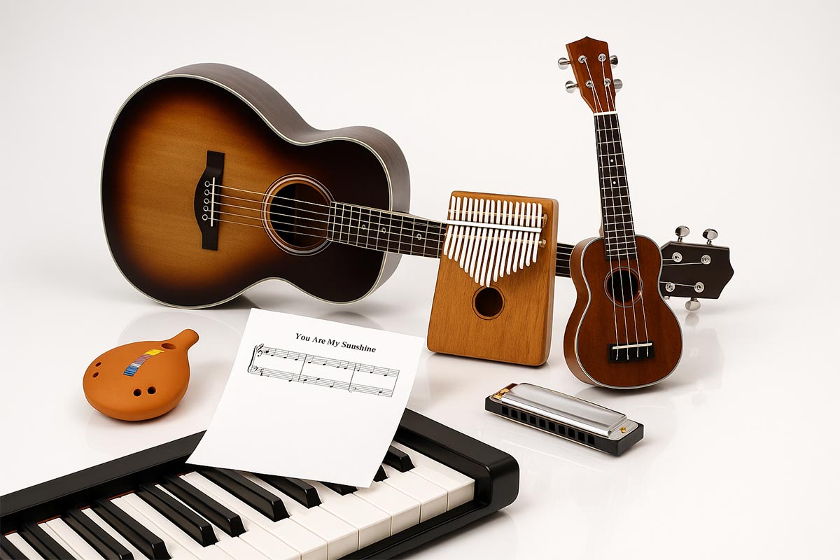 Music instruments including a guitar, ukulele, keyboard, and harmonica on a white background.