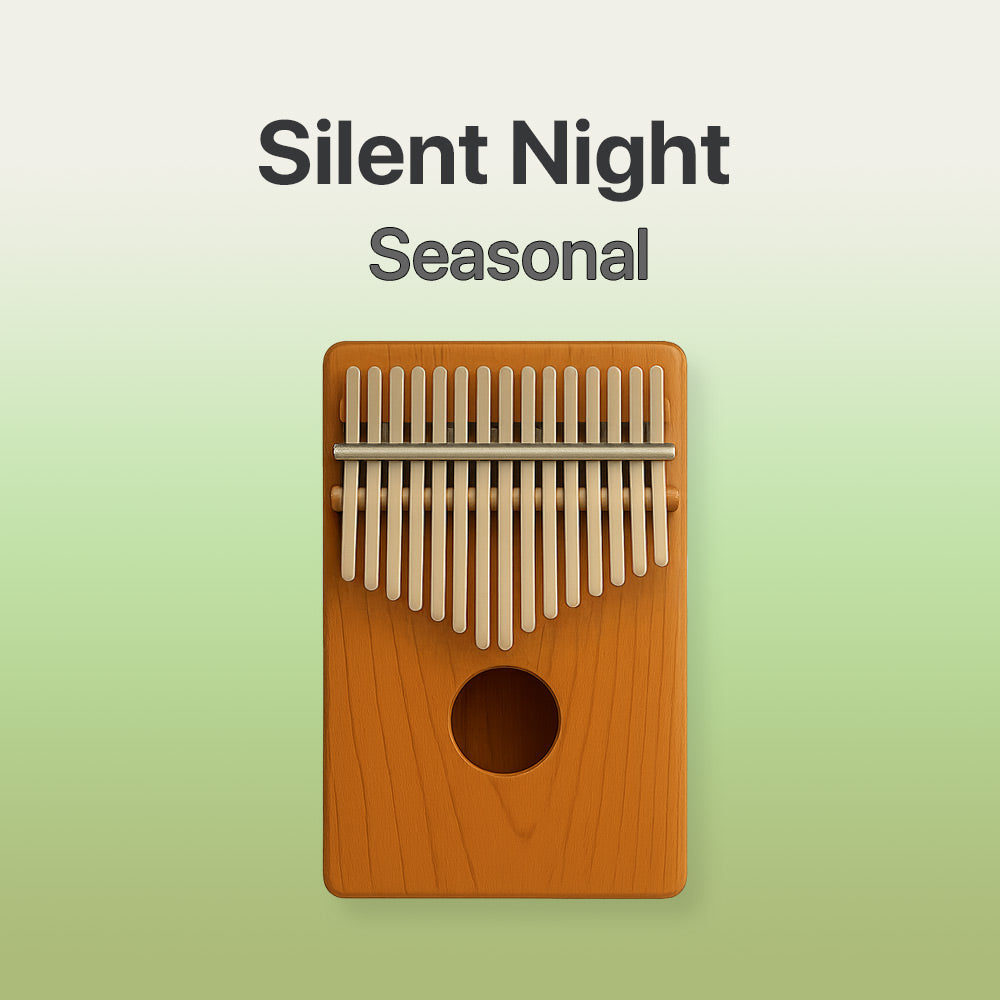 Wooden kalimba with 'Silent Night Seasonal' text on a light green background