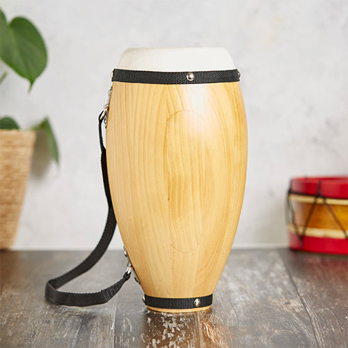 solid pine wood and goats hide conga drum with strap