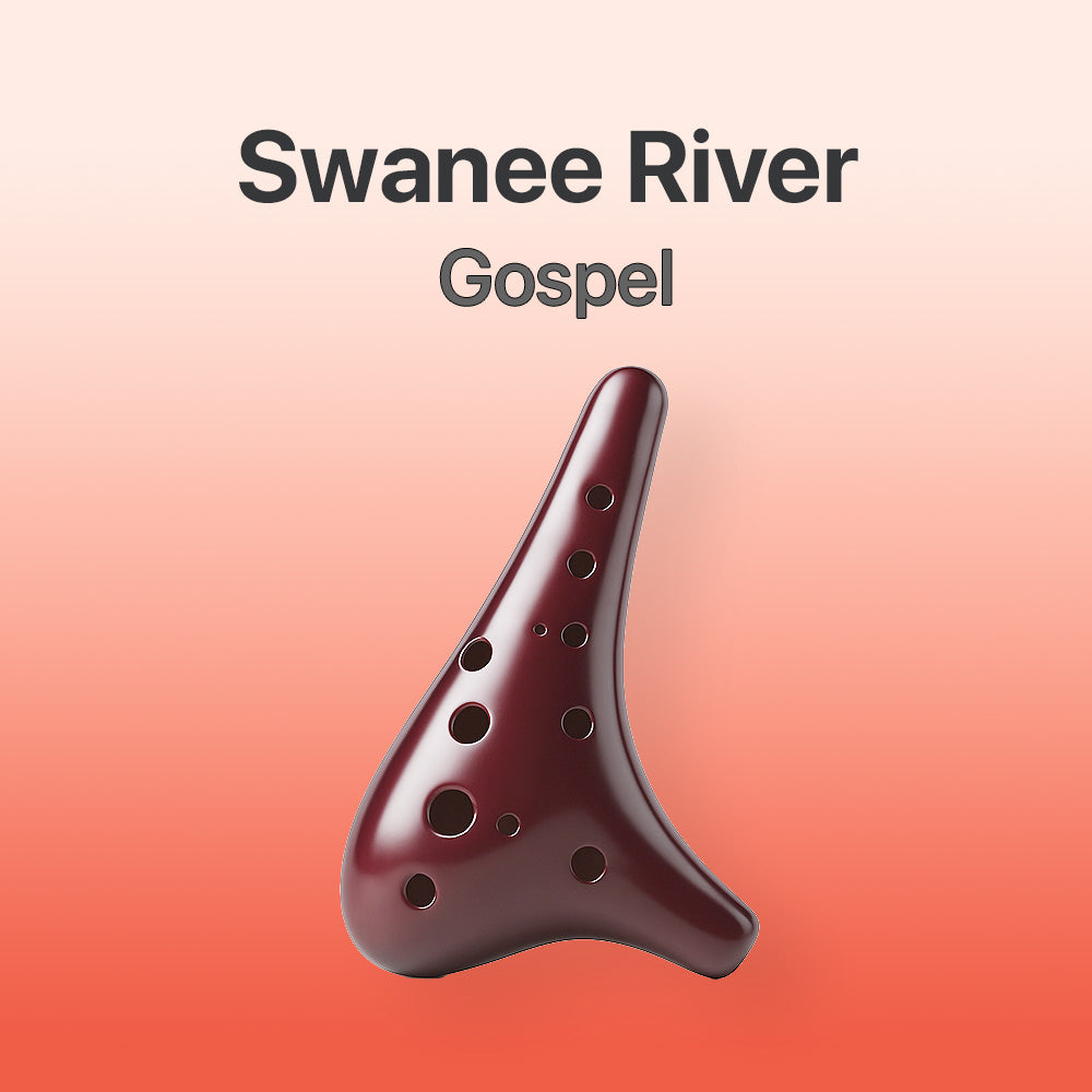 Brown ocarina with 'Swanee River Gospel' text on a gradient background