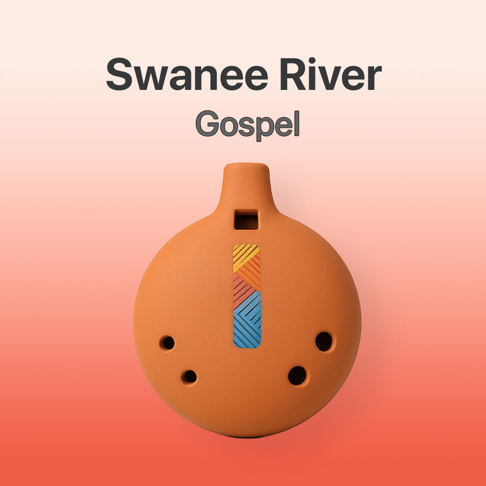 Ceramic ocarina with colorful design on a gradient background, featuring 'Swanee River Gospel' text.