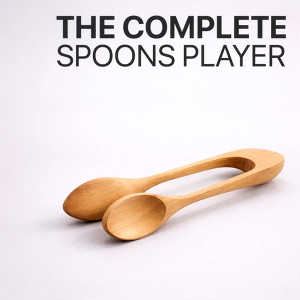 Two wooden spoons on a beige background with text 'The Complete Spoons Player