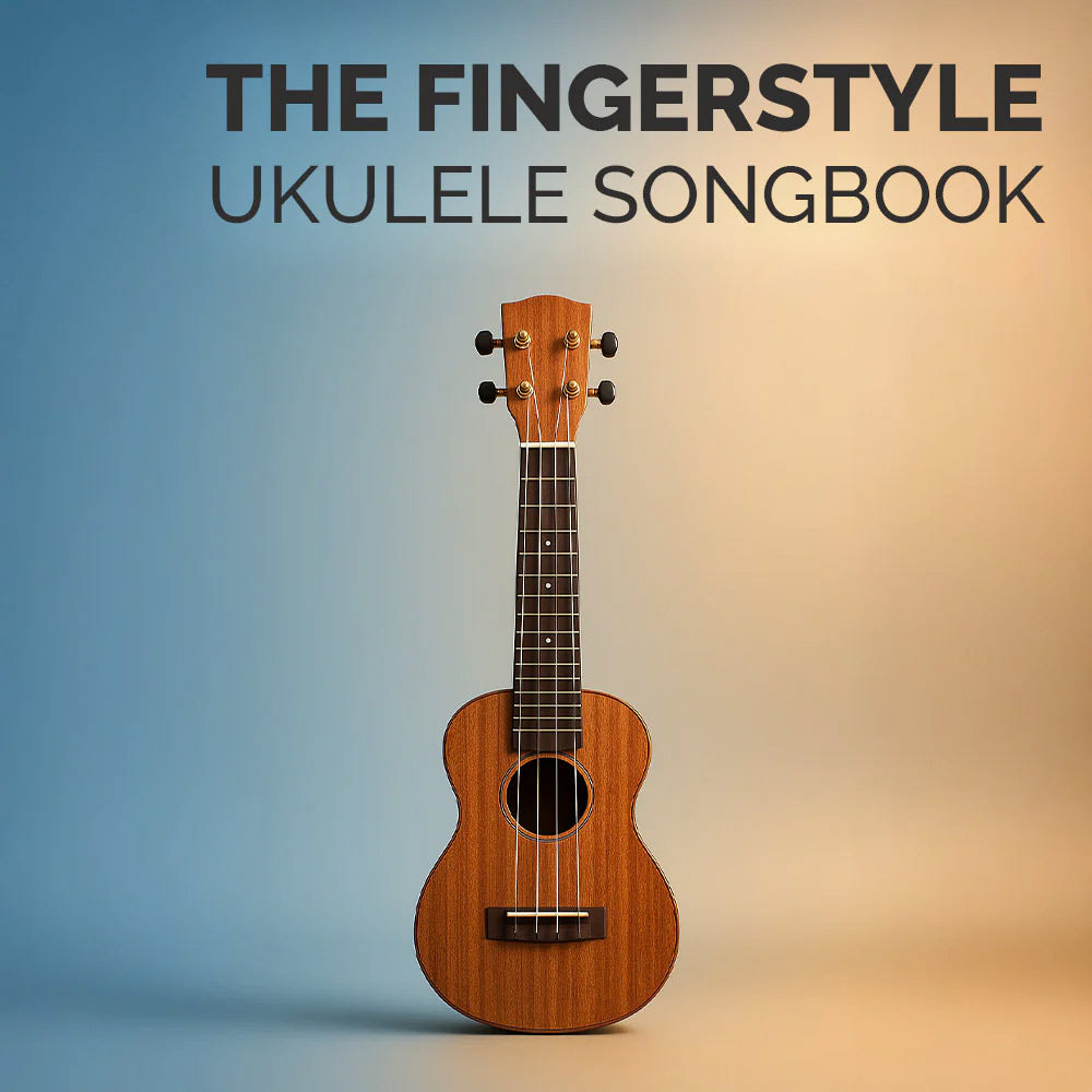 Wooden ukulele on a gradient background with 'The Fingerstyle Ukulele Songbook' text.