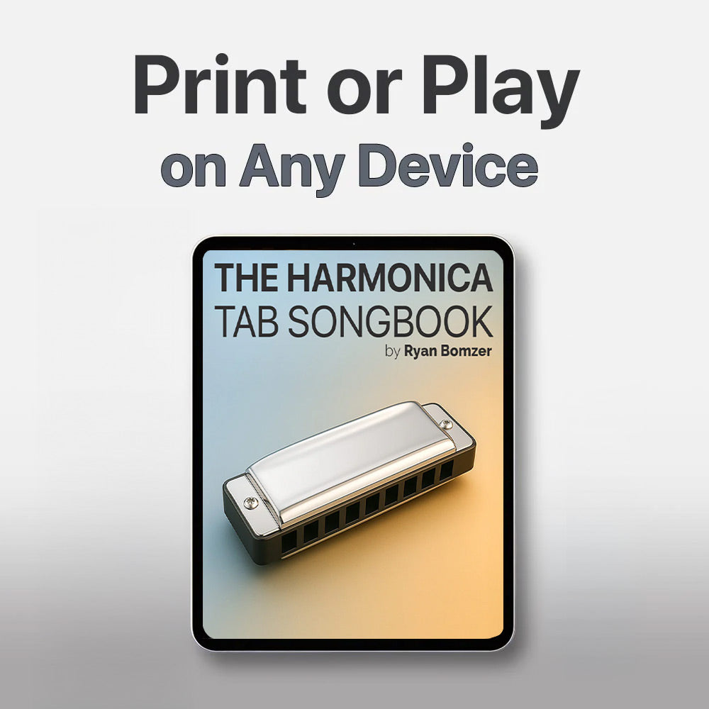 Harmonica tab songbook with a harmonica on a gradient background
