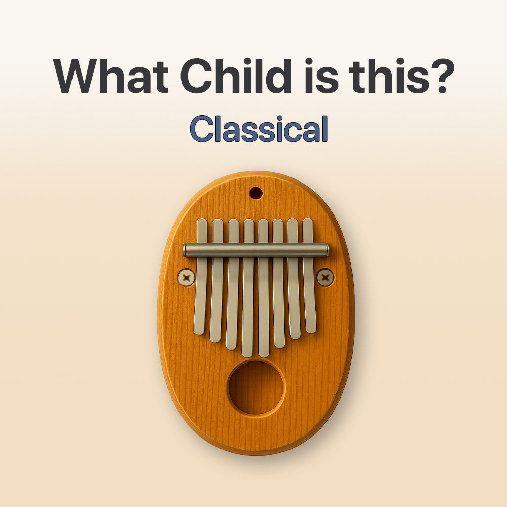 Wooden kalimba with metal tines on a beige background, featuring text 'What Child is this?' and 'Classical'.