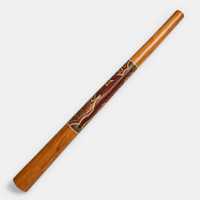 Hand painted Melaya dideridoo with hand painted gecko design in middle on a white background
